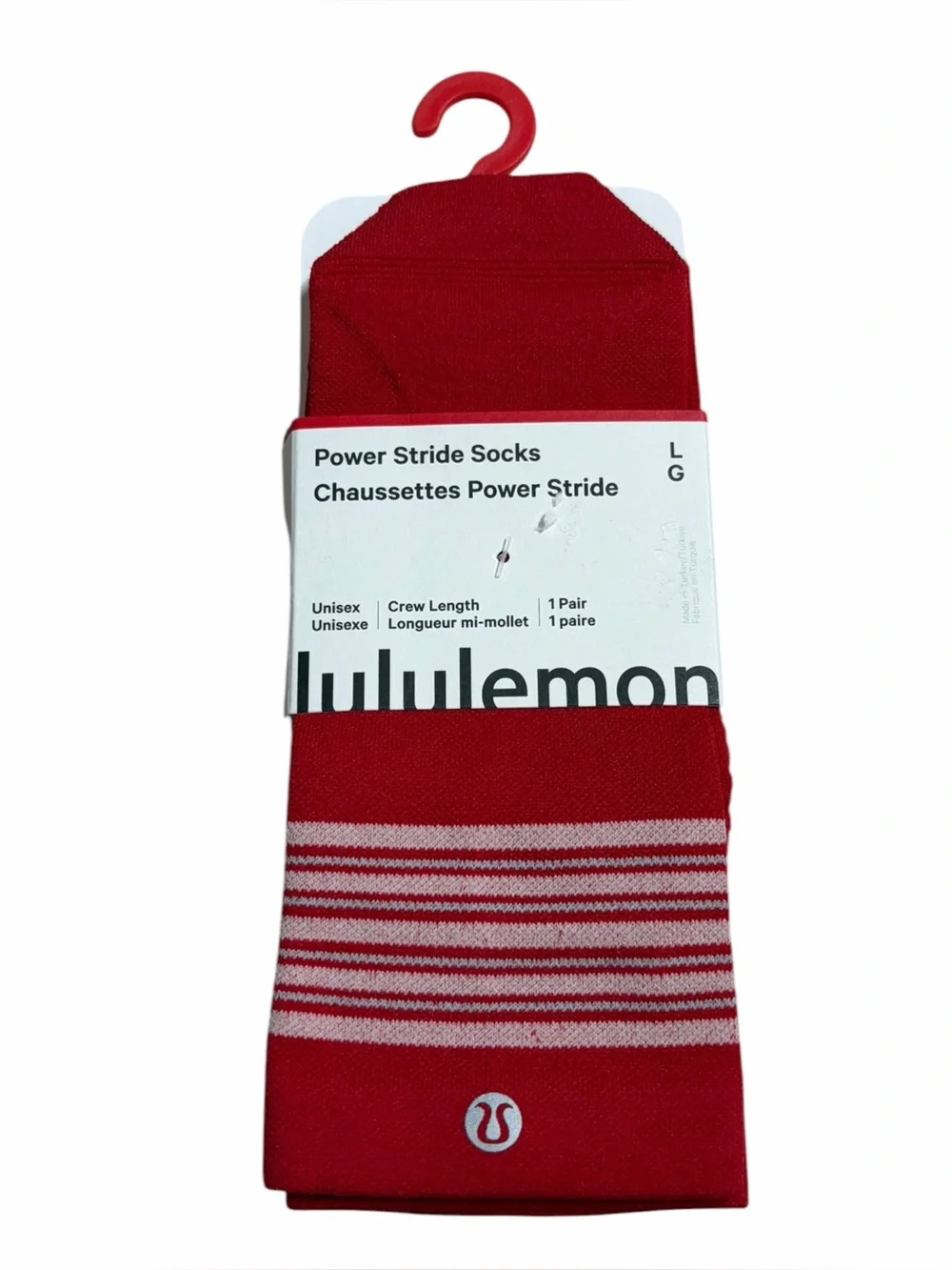 NWT Lululemon Power Stride Socks *Crew Length (Oxford Red Stripe) Size L